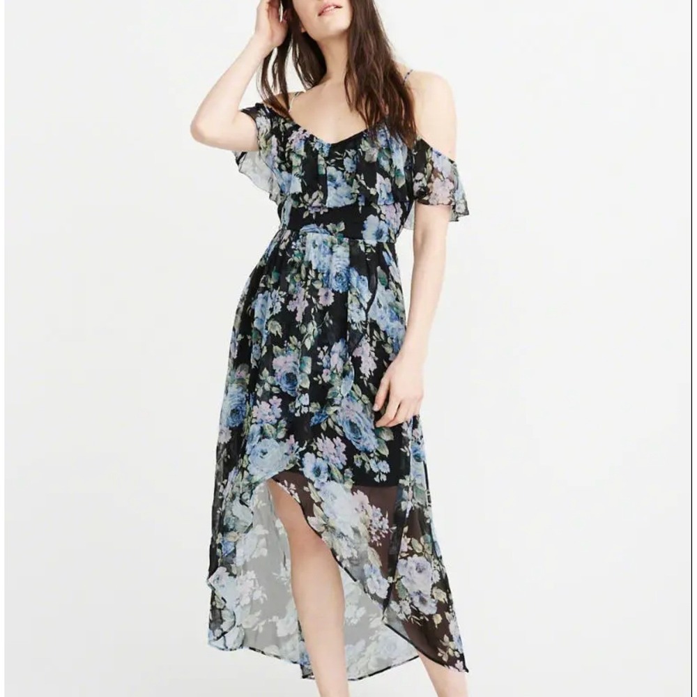 Abercrombie & Fitch S Floral High-Low Off-Shoulder Dress Blue Cottagecore Summer